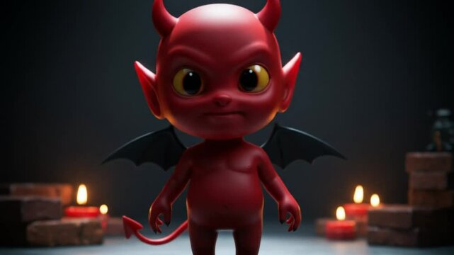Playful Demon: A vividly colored rendering depicts a playful, red demon with exaggerated features. The character's impish grin, devilish horns.