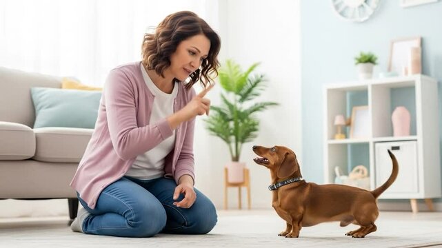 Woman in pink cardigan, kneeling, gives a "quiet" signal to her dachshund