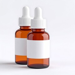 Two Amber Glass Bottles with Droppers and Blank Labels