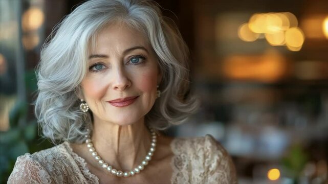 A beautiful senior woman, with a warm smile and bright blue eyes, wearing a pearl necklace and a lace dress, with grey hair