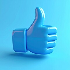 Blue Glossy Thumbs Up 3D Render on Light Blue Background