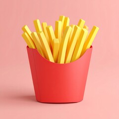 Bright Yellow French Fries in Red Box on Pink Background