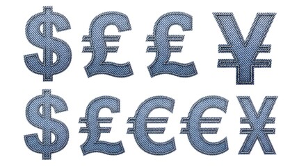 Denim textured currency symbols including dollar euro pound and yen signs