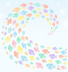 Cute pastel blue underwater scene with fish and floating white bubbles