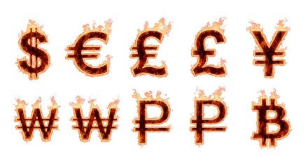 Naklejka premium Currency symbols engulfed in flames against a stark white background image