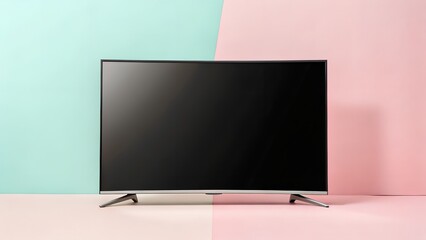 Modern flat-screen television mock up with blank screen, positioned against a pastel-colored background, showcasing minimalistic design and contemporary aesthetics for advertising and promotional use