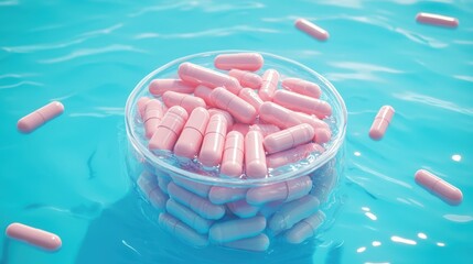 Colorful capsules floating in a bowl of water.