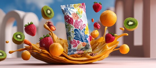 Colorful Food Package Mockup With Fruits Splashing Around