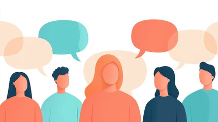 Group of people engaging in conversation with speech bubbles above them