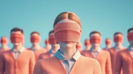 A woman with a blindfold stands among masked individuals.