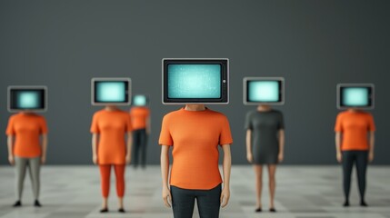 Figures with TV screens for heads stand in a minimalist space.