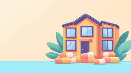 Colorful house with capsules, symbolizing health and wellness concepts.