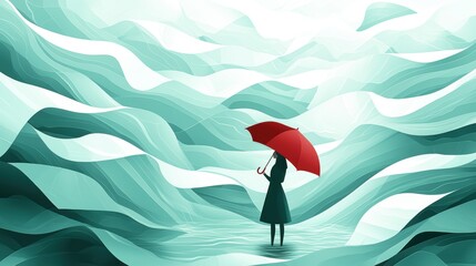 Surreal scene of a woman with a red umbrella in wavy teal water.