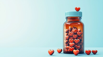 A jar filled with heart-shaped candies on a pastel background.