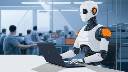 Futuristic robot working on a laptop in a tech lab environment.