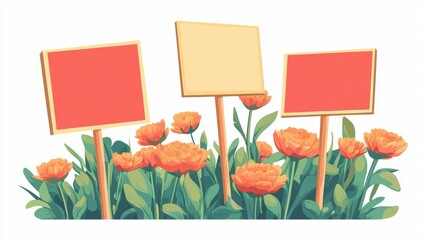 Colorful flowers with blank signs for customizable messages.
