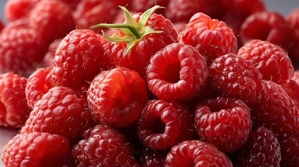 Plump Crimson Raspberries Stacked Together on a Smooth Surface