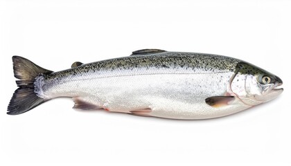 Atlantic Salmon Close-up: A vivid close-up captures a pristine Atlantic salmon in a studio shot, revealing its iridescent scales and streamlined form, a symbol of nature's elegant design.