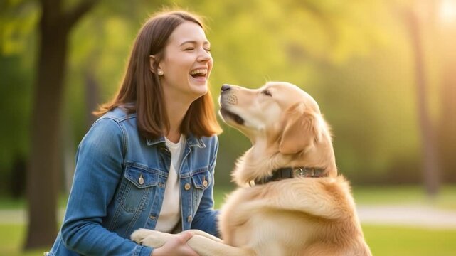 Woman laughing as golden retriever licks her face in a sunlit park