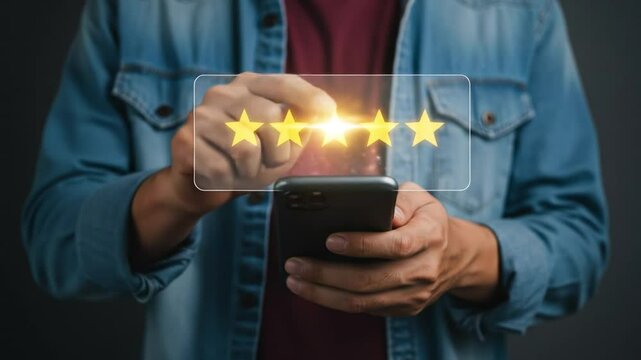 Customer reviews and five stars ratings online, Client using smartphone to rate product and service, Providing feedback and satisfaction reviews and sharing experiences on digital platforms.