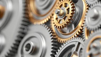 A close-up of interlocking metallic gears, some gold and some silver, in motion.