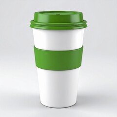 White Paper Coffee Cup with Green Lid and Band