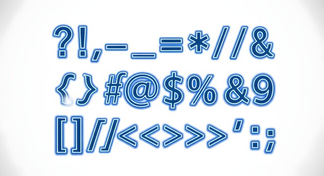 A collection of blue glowing punctuation symbols and special characters set