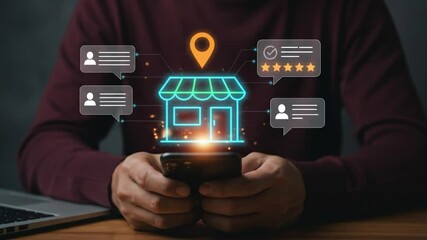 Local business reviews and customer feedback system on mobile device, showcasing star ratings for small businesses. Digital marketing, local SEO, and consumer experience in online business reviews