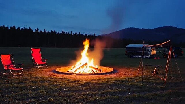 Campfire with red chairs in grassy field near forest and mountains