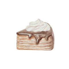 Watercolor illustration of a slice of puff pastry cake with rich dark chocolate frosting cream on a white background. Realistic style with smooth texture, perfect for menus, packaging, dessert design