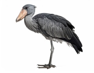 Fototapeta premium Shoebill Stork Profile: A unique shoebill stork stands elegantly, its striking features and distinctive shoe-shaped beak taking center stage, as the bird captivates the viewer.