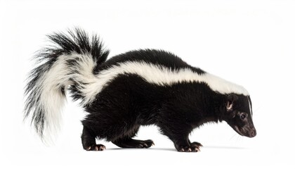 Obraz premium Striped Skunk Stroll: A vivid, high-resolution portrait of a striped skunk against a bright backdrop, capturing its iconic black and white markings.