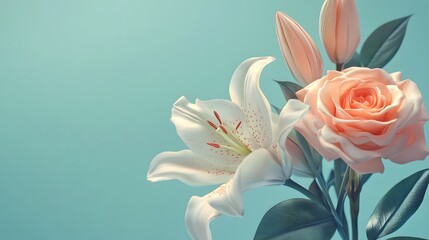Fototapeta premium Photograph of two flowers against a teal background, featuring a white lily and a peach rose.