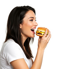 Woman preparing to eat a hamburger, happy and satisfied face on white
