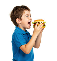Boy preparing to eat a hamburger, happy and satisfied face on white