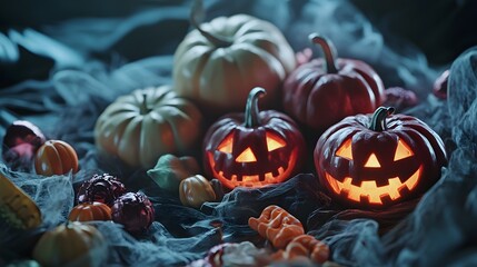 Digital illustration of glowing jack-o'-lanterns and candy on a dark, web-covered surface.
