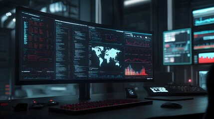 Digital illustration of a dark control room featuring multiple computer monitors displaying complex data visualizations.