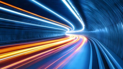 3D render of a tunnel with intense, streaking light beams in blue and orange.