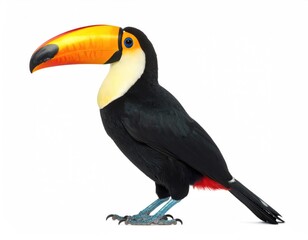 Fototapeta premium Toco Toucan Profile: A vibrant Toco Toucan, showcasing its iconic large orange beak and black plumage, is captured in a side profile against a clean background.