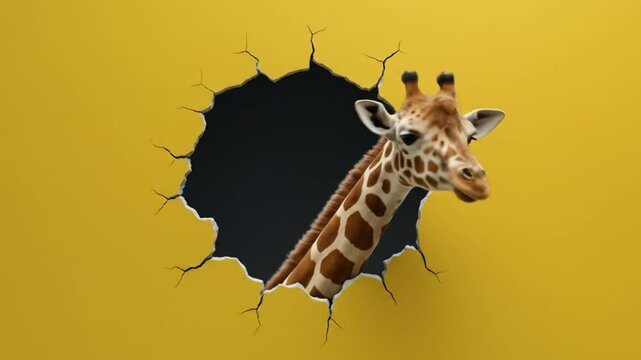 Breaking Through: A giraffe's inquisitive head peeks through a hole in a vivid yellow surface, an imaginative depiction of freedom and exploration.