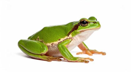 Obraz premium European Tree Frog on White: A vibrant green European tree frog, showcasing its smooth skin and striking eyes, sits against a pristine white background. 