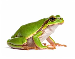 Fototapeta premium Vibrant Frog in Nature: A close-up shot of a lively frog, showcasing its intricate texture, perched on a plain surface. Its alert gaze conveys a sense of curiosity about its habitat.