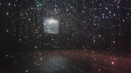 3D render of a dark, infinite space filled with floating, colored dots and a rectangular light source.