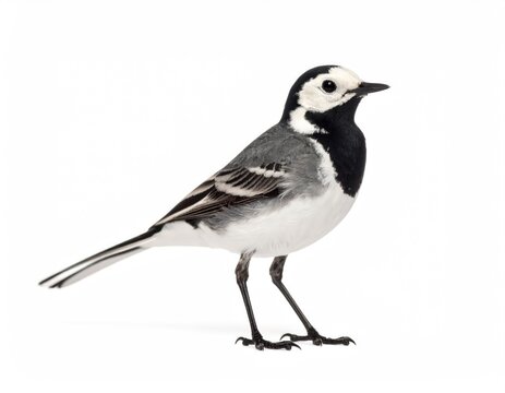 White Wagtail Bird: A striking, isolated image of a white wagtail, showcasing its distinctive black and white plumage with striking detail. A symbol of grace and delicate avian beauty.