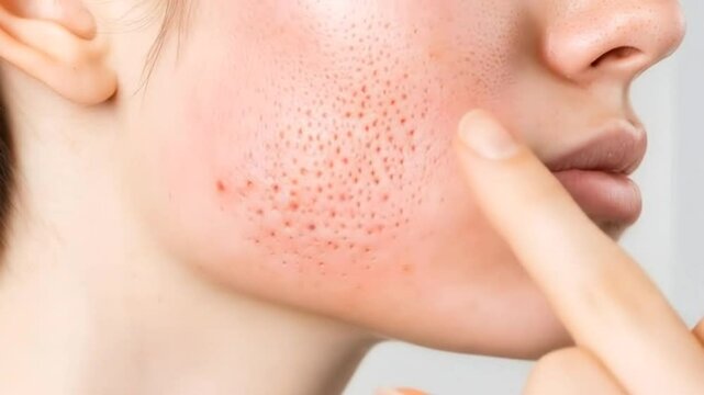 Close up of a woman's face showing skin texture and pores with finger near the lips