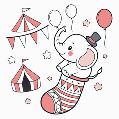 Cute SVG of a Loving Baby elephant in Big Top Brights colors, featuring snuggled in a sock in a Circus Carnival setting