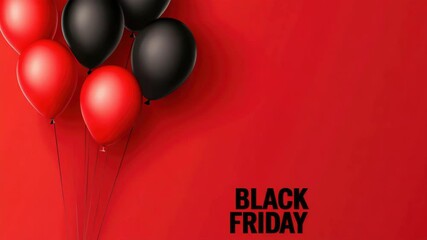 Red and black balloons on red background with black friday text, celebrating shopping discount concept
