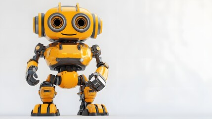 3D render of a friendly, cartoonish, yellow robot standing on a white background.
