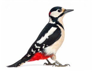 Obraz premium Great Spotted Woodpecker: A captivating close-up of a Great Spotted Woodpecker, showcasing its striking plumage. The bird stands gracefully in its natural pose. Capturing its striking look and beauty.