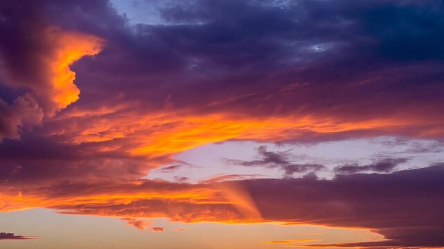 Fiery orange pink sky with stormy clouds at dramatic sunrise or sunset
